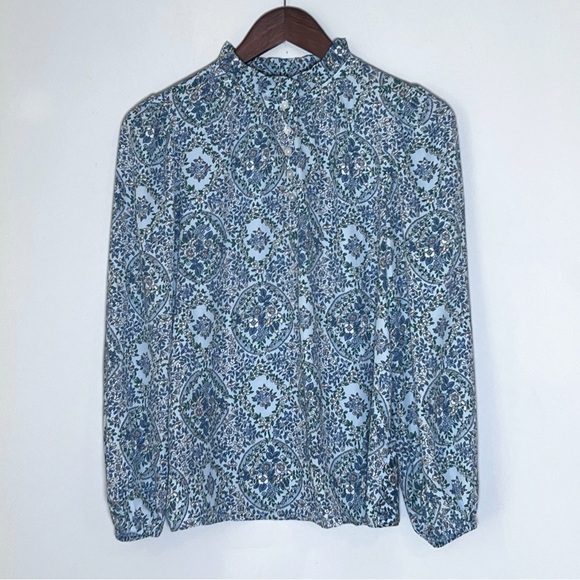 Loft Petite Floral Mock Ruffle Neckline Long Sleeve Mixed Media Top - Picture 1 of 4